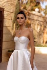 White Strapless Satin Ball Gown Wedding Dress with Floor-Length Train