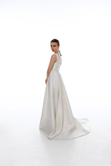 Elegant Satin Wedding Dress With Floral Lace Open Back Simple Wedding Dress A-line Modest Wedding Dress Ballgown Wedding Dress