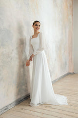 Simple Wedding Dress With Square Neckline Long Sleeves Elegant Wedding Dress