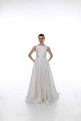 Elegant Satin Wedding Dress With Floral Lace Open Back Simple Wedding Dress A-line Modest Wedding Dress Ballgown Wedding Dress