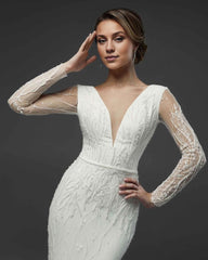 Elegant Mermaid Bridal Gown Backless With Long Sleeves Luxury Bridal Gown Custom Wedding Dresses Dainty V Neck Bridal Dress With Train
