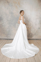 Satin low back wedding dress A-line wedding dress square neck wedding dress Satin wedding dress with pockets