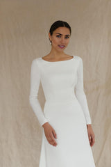 Long sleeve and high back crepe wedding dress Simple winter bridal gown reception dress modern wedding dress