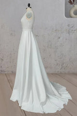 Ivory A-Line V Neck Straps Satin Elegant Wedding Dress TD0003