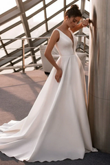 Ivory A-Line V Neck Straps Satin Elegant Wedding Dress TD0003