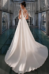 Ivory A-Line V Neck Straps Satin Elegant Wedding Dress TD0003