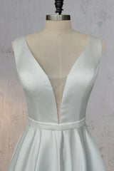 Ivory A-Line V Neck Straps Satin Elegant Wedding Dress TD0003