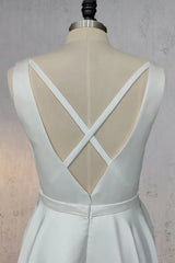 Ivory A-Line V Neck Straps Satin Elegant Wedding Dress TD0003