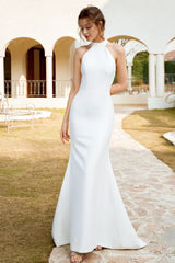 Ivory Halter Satin Open Back Mermaid Wedding Dress TN406
