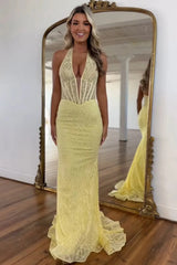 White Lace Halter Mermaid Long Prom Dress
