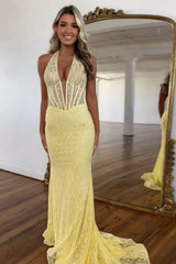 White Lace Halter Mermaid Long Prom Dress