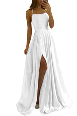 Women’s Long Satin Prom Dresses Spaghetti Straps Bridesmaid Dresses Formal Dress Ball Gowns with Slit