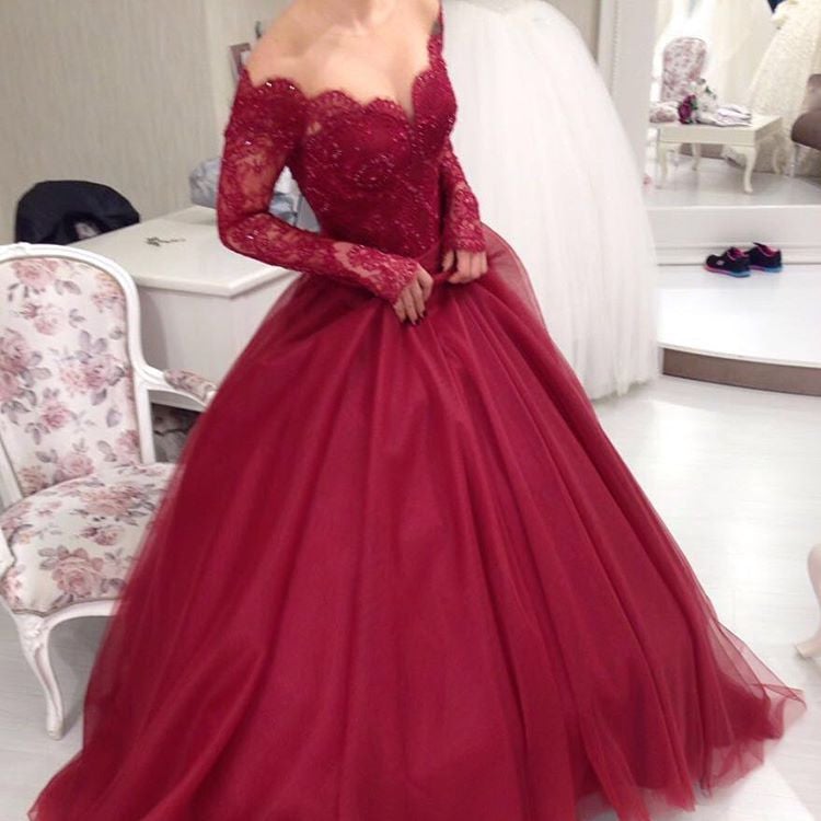 Wine Red Ball Gown Prom Dresses Lace Long Sleeves