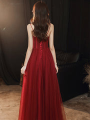 Wine Red Beaded Sweeteart Tulle Straps Long Evening Dress, Wine Red Prom Dresses