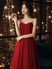 Wine Red Beaded Sweeteart Tulle Straps Long Evening Dress, Wine Red Prom Dresses