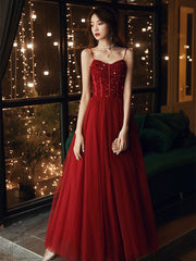 Wine Red Beaded Sweeteart Tulle Straps Long Evening Dress, Wine Red Prom Dresses