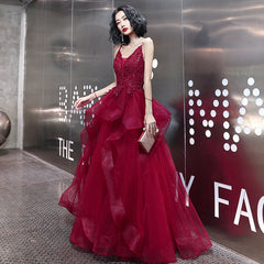 Wine Red Lace Applique V-neckline Long Straps Formal Dress, Dark Red Prom Dresses