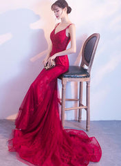 Wine Red Mermaid Tulle with Lace Applique Low Back Party Dress, Dark Red Evening Dresses