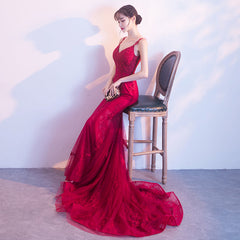 Wine Red Mermaid Tulle with Lace Applique Low Back Party Dress, Dark Red Evening Dresses