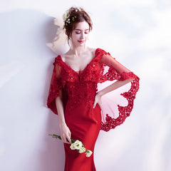 Wine Red Mermaid V back Evening Gown with Lace Applique, Dark Red Evening Dresses