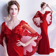 Wine Red Mermaid V back Evening Gown with Lace Applique, Dark Red Evening Dresses