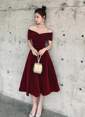 Wine Red Off Shoulder Chic Sweetheart Tea Length Party Dress,Velvet Evening Dress