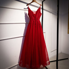 Wine Red Straps V-neckline Lace Applique Long Prom Dress, Dark Red Formal Dresses