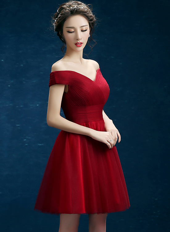 Wine Red Sweetheart Off Shoulder Tulle Homecoming Dress, Wine Red Short Prom Dress