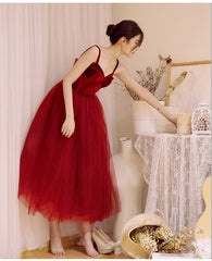 Wine Red Tea Length Velvet Top and Tulle Party Dress, Dark Red Straps Evening Dress