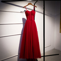 Wine Red Tulle Straps Long Sweetheart Party Dresses Formal Dresses, A-line Dark Red Evening Dresses