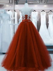 Wine Red Tulle with White Lace Long Evening Dress Party Dress, Dark Red Wedding Party Dresses