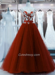 Wine Red Tulle with White Lace Long Evening Dress Party Dress, Dark Red Wedding Party Dresses