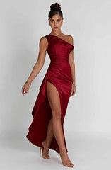 Asymmetric Straps Luxury Bias Cut Satin Long Front Slit Ruffle Detailing Formal Prom Dress