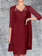 Two Piece Ruffle Chiffon Mother of the Bride Outfit Lace Short Wedding Guest Dress
