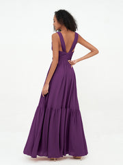 Deep-V Neck Chiffon Tiered Skirt Boho Dresses-Grape