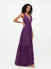 Deep-V Neck Chiffon Tiered Skirt Boho Dresses-Grape