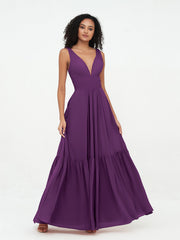 Deep-V Neck Chiffon Tiered Skirt Boho Dresses-Grape