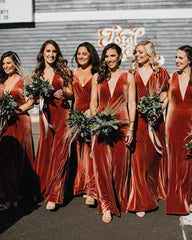 V Neck Sleeveless Winter Rust Velvet Bridesmaid Dresses,Wedding Guest Dresses