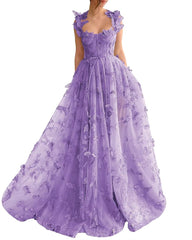 Long Tulle Prom Dress with 3D Butterflies Floor Length Formal Evening