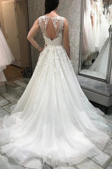 Tulle A-line V-neck Wedding Dresses With Lace Appliques, Bridal Gowns