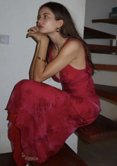 Charming Deep V Neck Satin Print Floral Long Evening Gown Prom Dress SH950