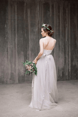 Spaghetti Straps Backless Grey Tulle Long Wedding Dresses With Lace Appliques TN305