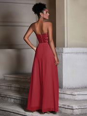 Strapless Sweetheart Sequins Lace Top Chiffon Dress-Burgundy
