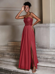 Strapless Sweetheart Sequins Lace Top Chiffon Dress-Burgundy
