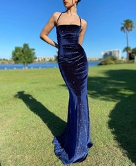 Sparkly Navy Blue Velvet Prom Dress Sexy Mermaid Long Evening Dress SH899