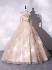 A-line Sweetheart Sleeves Straps Embroidery Tulle Prom Dress