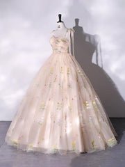A-line Sweetheart Sleeves Straps Embroidery Tulle Prom Dress