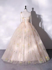 A-line Sweetheart Sleeves Straps Embroidery Tulle Prom Dress
