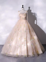 A-line Sweetheart Sleeves Straps Embroidery Tulle Prom Dress