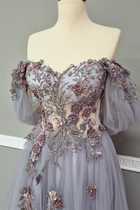 Off The Shoulder Tulle Applique Long Prom Dress Fairy Evening Dress SH705